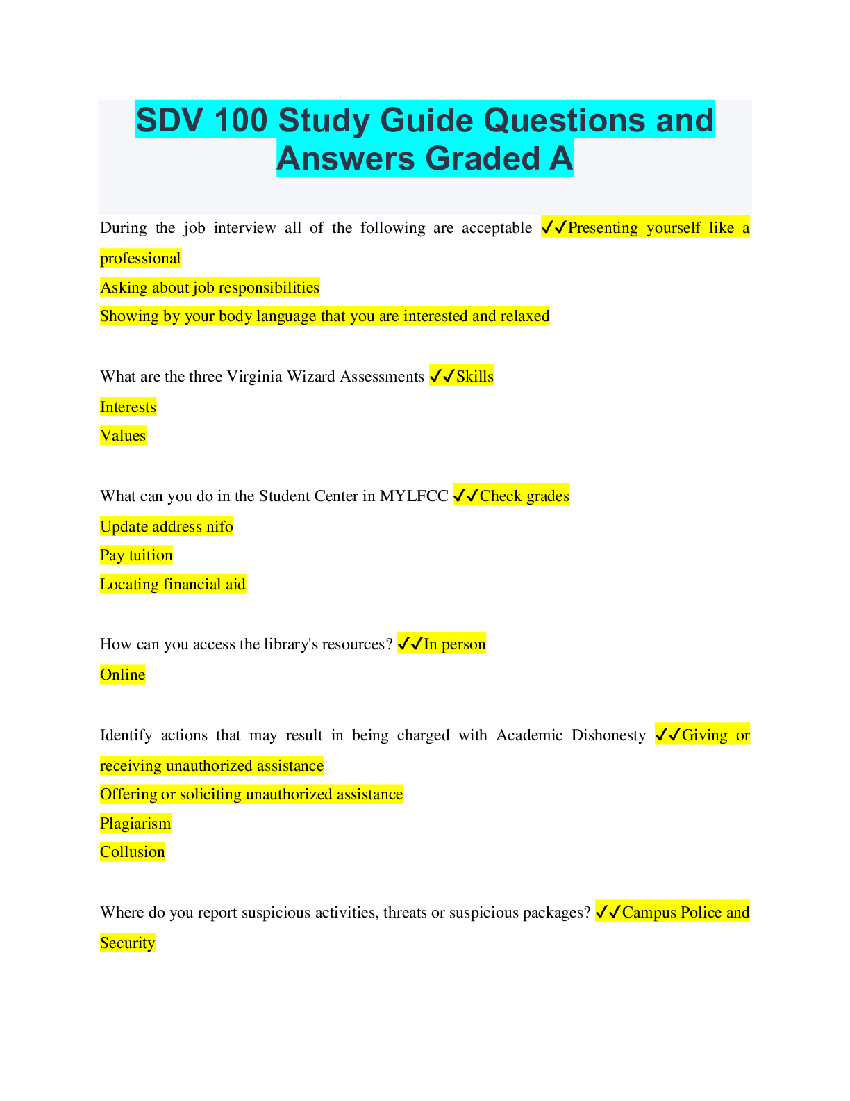 Preview image for SDV 100 Study Guide Questions and Answers Graded A